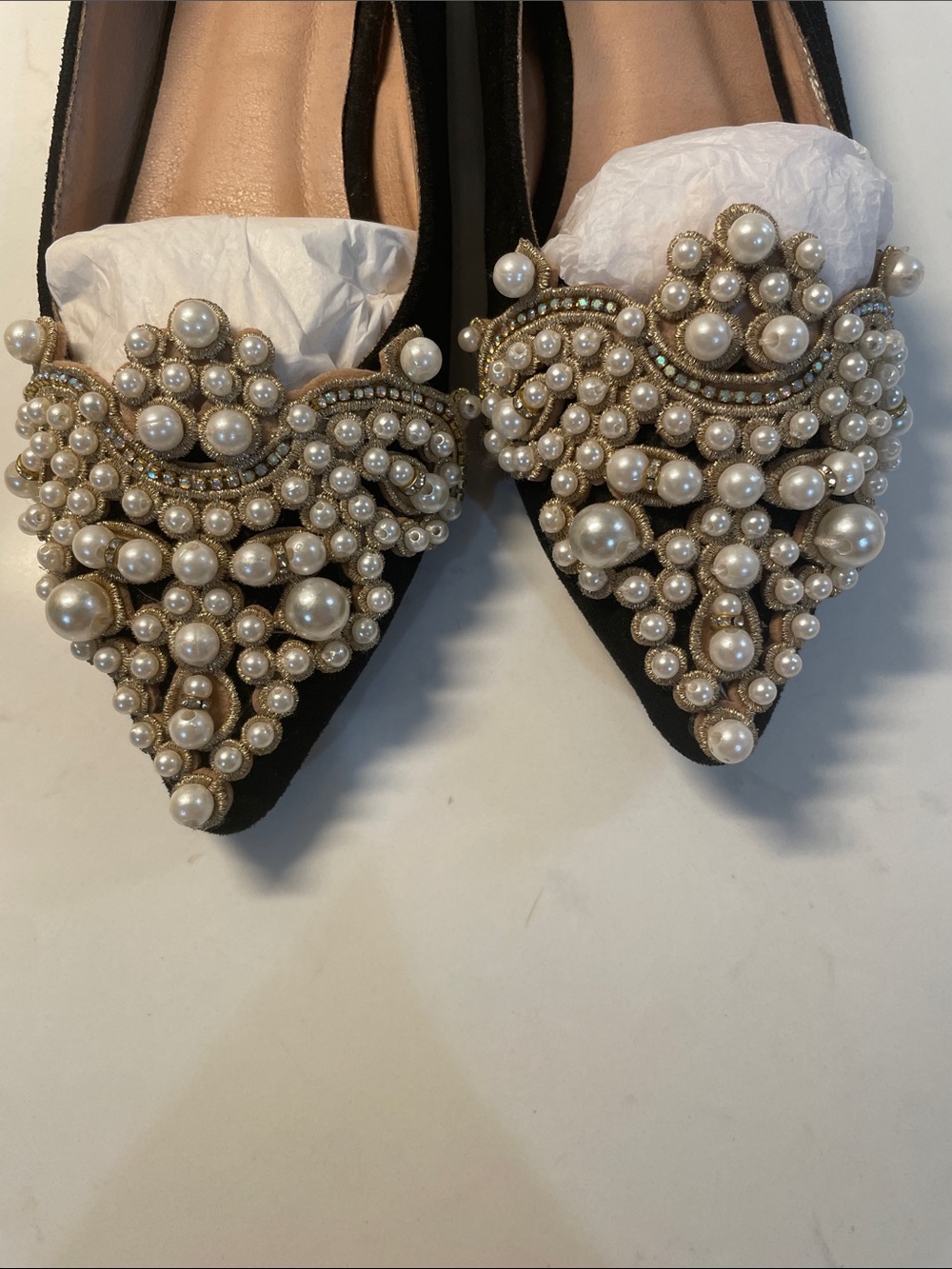 Black Pearl-Embellished Pointed Flats for Women - Picture 2 of 6